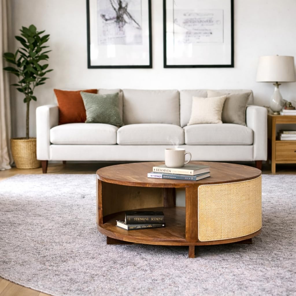 SMAART CRAAFTS Cane Solid Wood Coffee Table | Rattan Round Centre Table for Loving Room Wooden | Sheesham Wood, Teak Finish | Tea POY Table with Storage