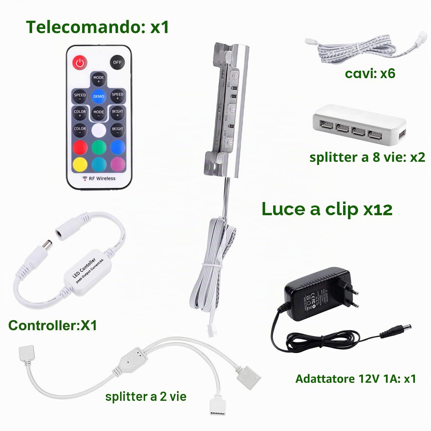 AIBOO Set di 12 illuminazioni LED per superfici in vetro, con clip per bordi in vetro, RGB, cambio colore, illuminazione per vetrine, illuminazione per armadi con telecomando