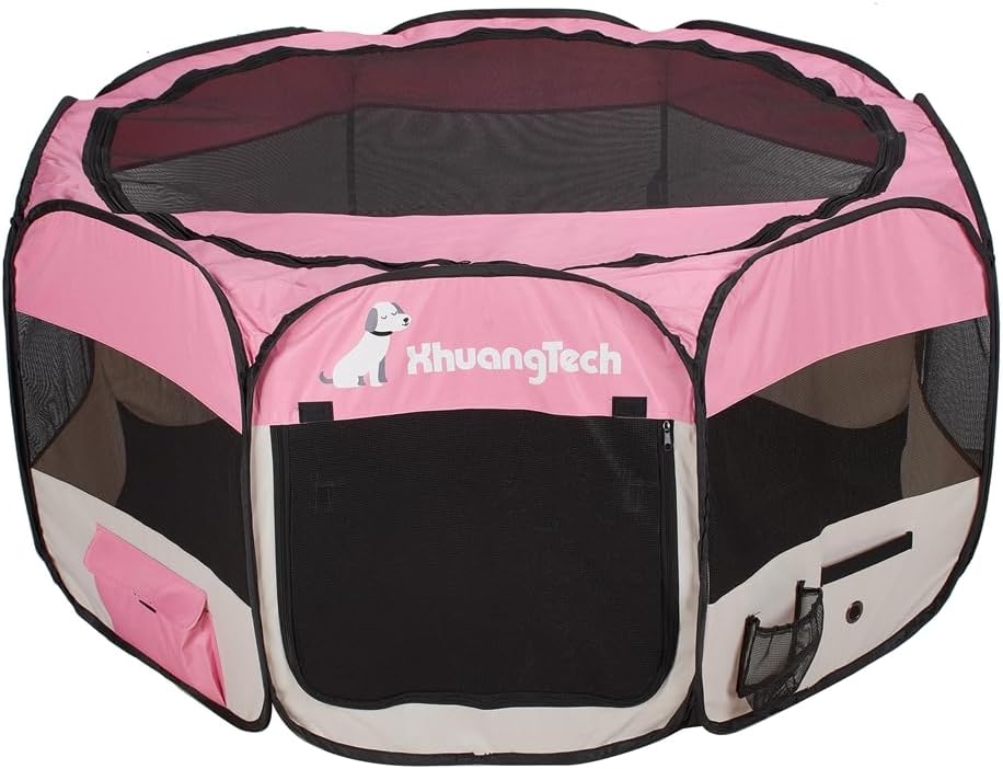 Foldable Pet Dog Playpen, Pop Up Portable Cat Playpen, Indoor/Outdoor for Kitten Puppy Play Pen, Cats Crate Tent with Carrying Bag, 600D Oxford (Aqua Blue + Black, Large, 8)