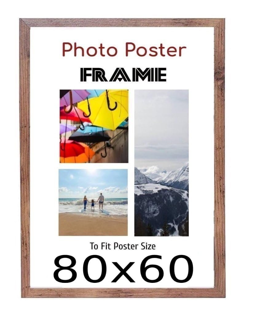 Rustic 80 x 60 cm Poster Frames - Large MDF Wooden Frames 60x80 cm - Both Ways Wall Hanging Wall Gallery Living Room Photo Picture Frame With Shatterproof Perspex Sheet