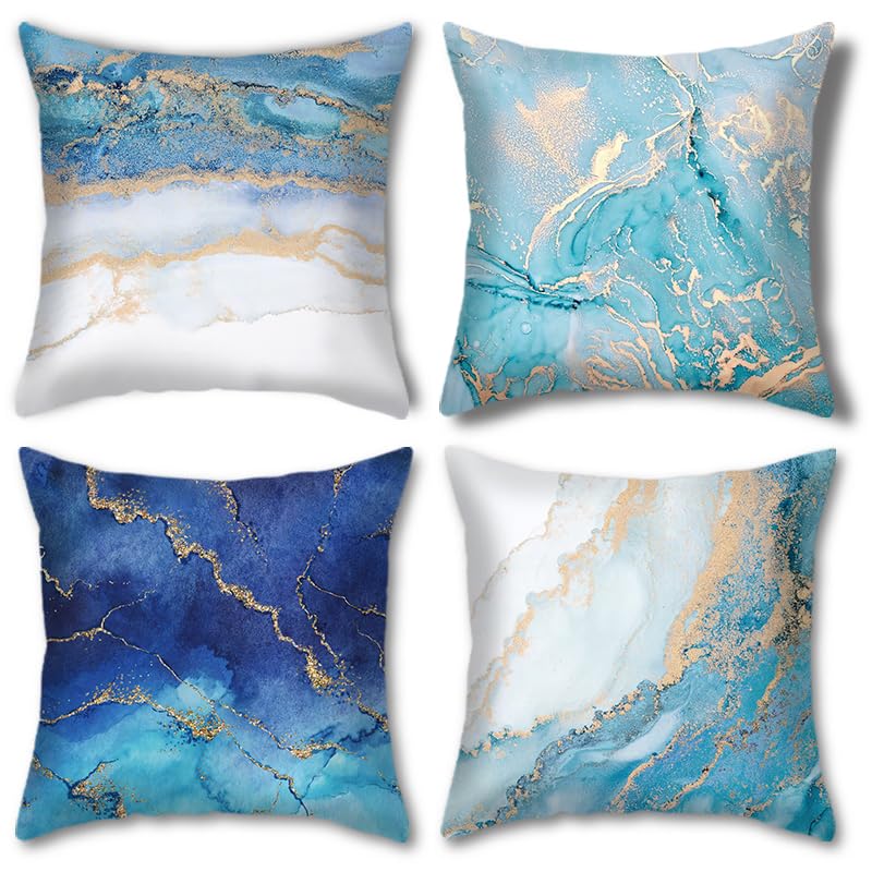 Blue Marble Throw Pillow Covers 18x18 Inch Set of 4 Abstract Blue...