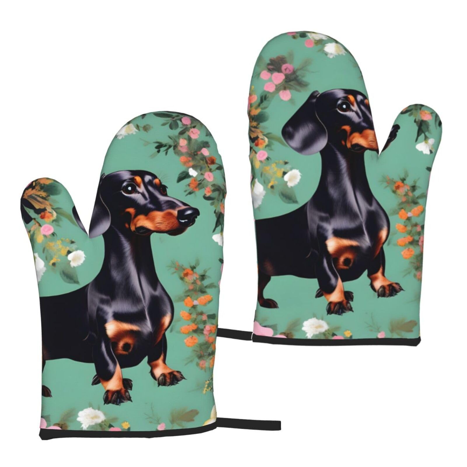 Dachshund Florals Print Heat Resistant Universal Fit Oven Microwave Gloves Home Cooking Baking Grilling