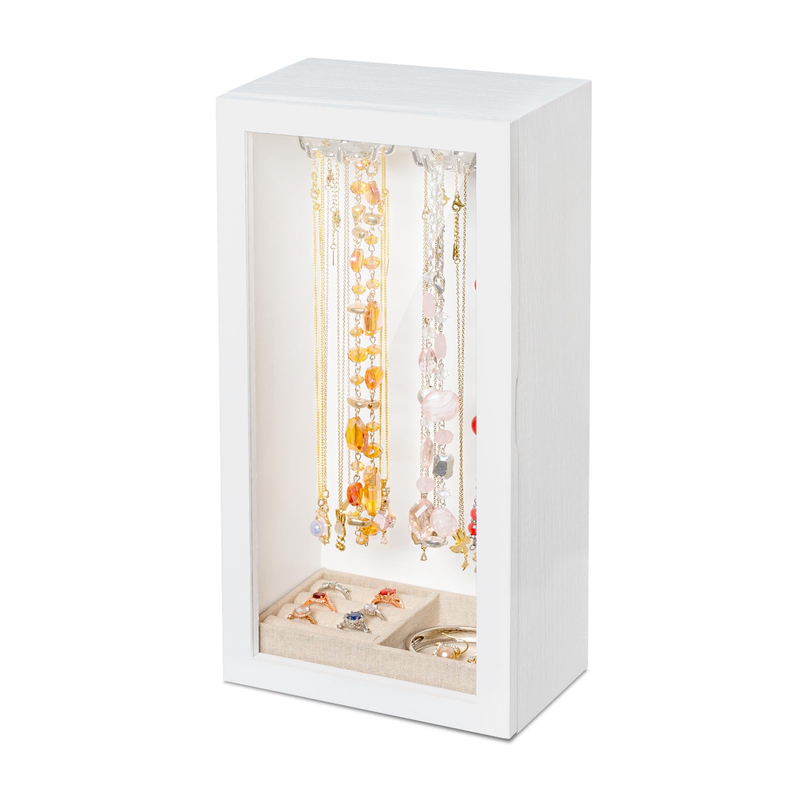 Porte colliers, présentoir bijoux en bois pour femmes, boîte de rangement rotative avec plateau à bagues, présentoir et rangement pour colliers, bracelets, bagues（Blanc）