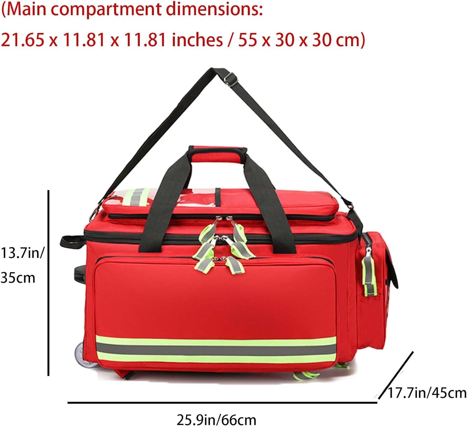 Bolsa de primeros auxilios con ruedas, bolsa de almacenamiento de gran capacidad, tela Oxford 1200D ignífuga, almacenamiento de kits de emergencia con compartimentos, correa de hombro ajustable