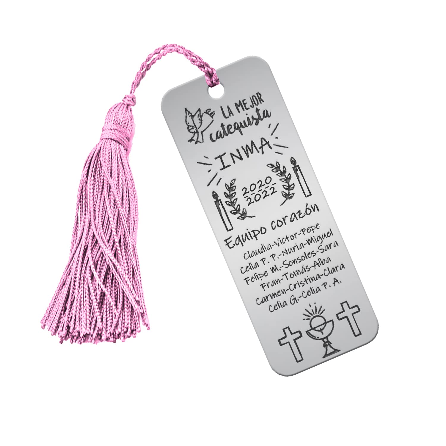 MI JOYA PERSONALIZADA - Marcapáginas de PLATA DE LEY para catequista personalizado con los nombres de los niños. Regalo original catequesis (Rosa)