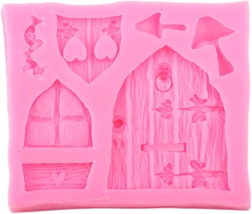 Miniatura 4 de Mujiang Moldes de silicona encantados para jardín, hadas, gnomo, puerta de casa, ventana, molde de fondant de hongos y hojas de flores, para