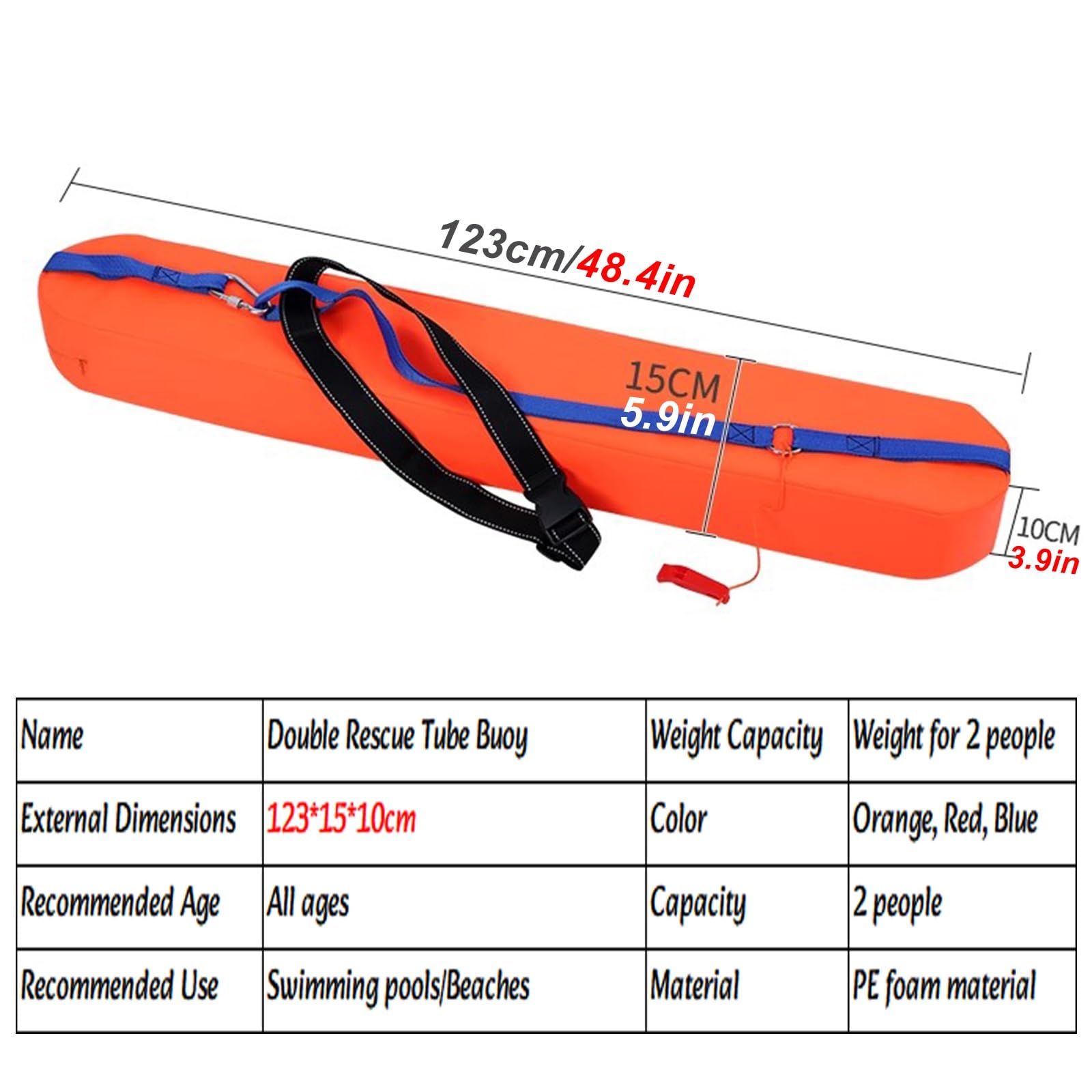 schwimmboje Rettungsschlauch 2 Stück Salvavidas Rettungsring, 100/123 cm biegsame Schwimmboje mit verbesserter Schnallenbefestigung und Pfeife, Notfall-Schwimmhilfe(2 pcs Orange,123x15cm/48.4x5.9in)