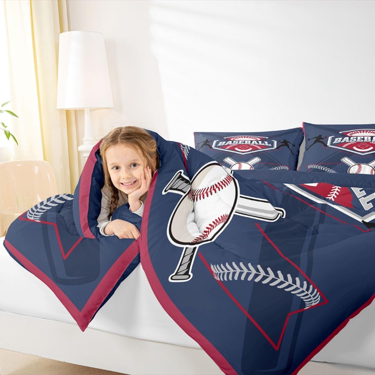 Erosebridal Queen Sports Comforter Set,Baseball Bedding,Boys Baseball Lovers Bedding Comforter Sets,Sports Themed Duvet Insert with 2 Pillowcases Bedroom Decor,Navy Blue,