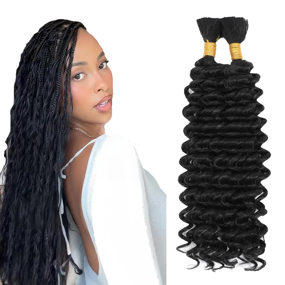 Human Braids Hair #1B Natural Black Color Deep Wave Natural Unprocessed Knotless Virgin Human Braiding Hair For Woman 50g/bundle Total 100g 12 12 Inch