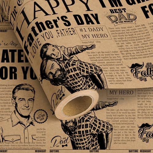 Dtiafu Kraft Fathers Day Wrapping Paper Roll - Vintage Newspaper Best Dad Ever Words Design Gift Wrap Sheets for Grandpa Mens Birthday Fathers Day Celebrationd - Total 28.5 sq.ft