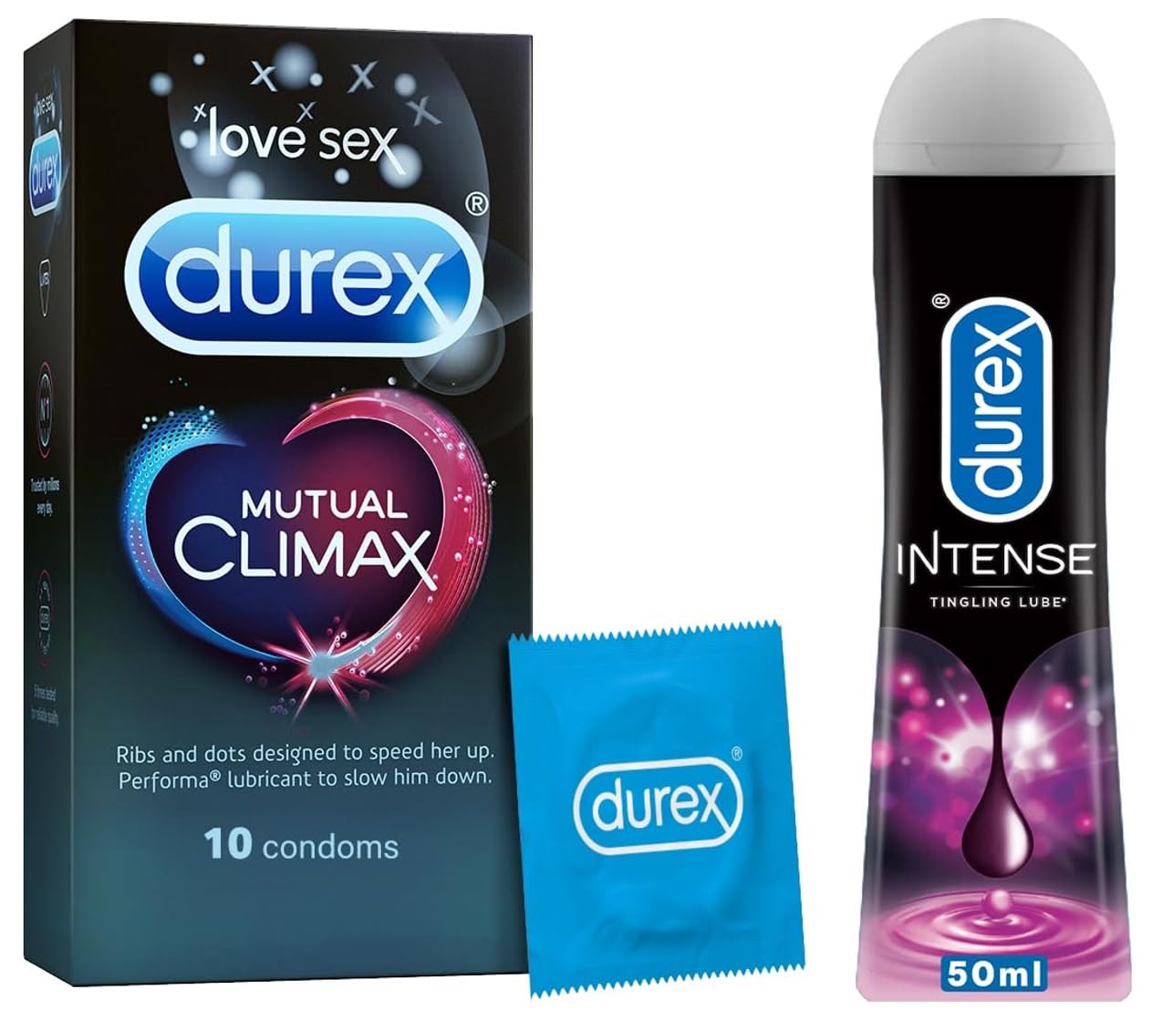 Lube Intense Lubricant Gel For Men & Women - 50ml | Water Based Lube & Durex Mutual Climax Condoms for Men & Women - 10 Count