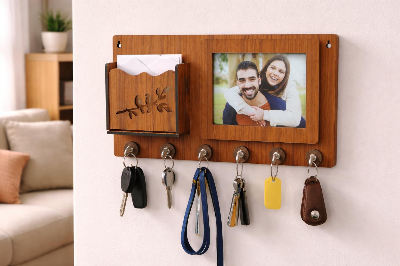 Wooden Key Holder with Photo Frame & Mail Holder | Wall Mounted Key Stand with 6 Hooks | Wooden Key Hanger for Home Entrance, Living Room Decor-image-40