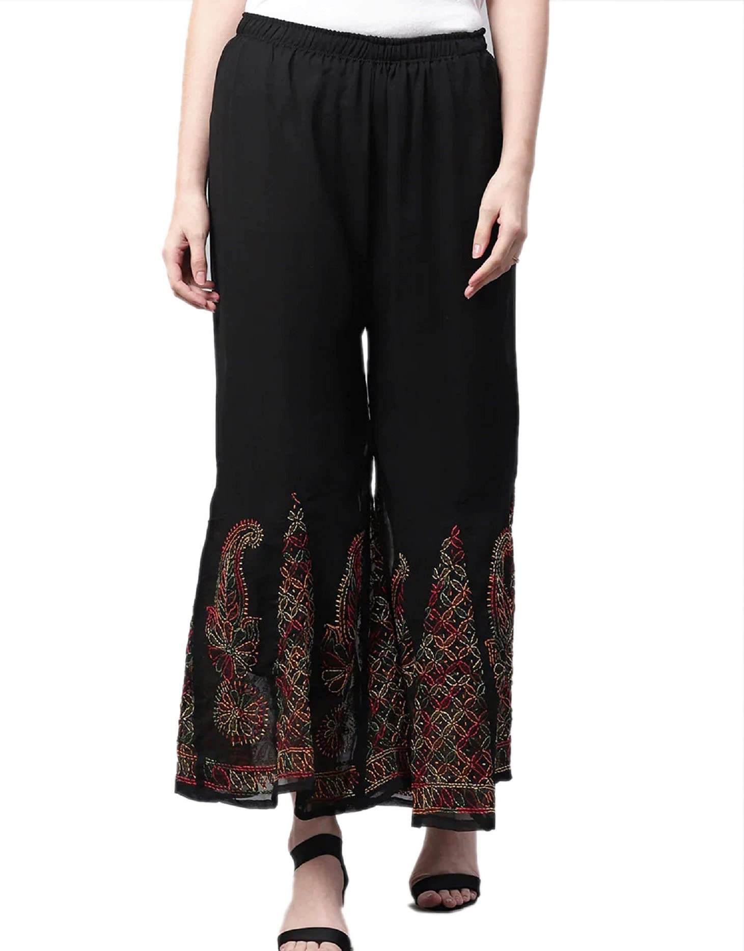 KhakaWomen's Faux Georgette Lucknowi Chikankari Flared Sharara With Cotton Lining Attached Inside