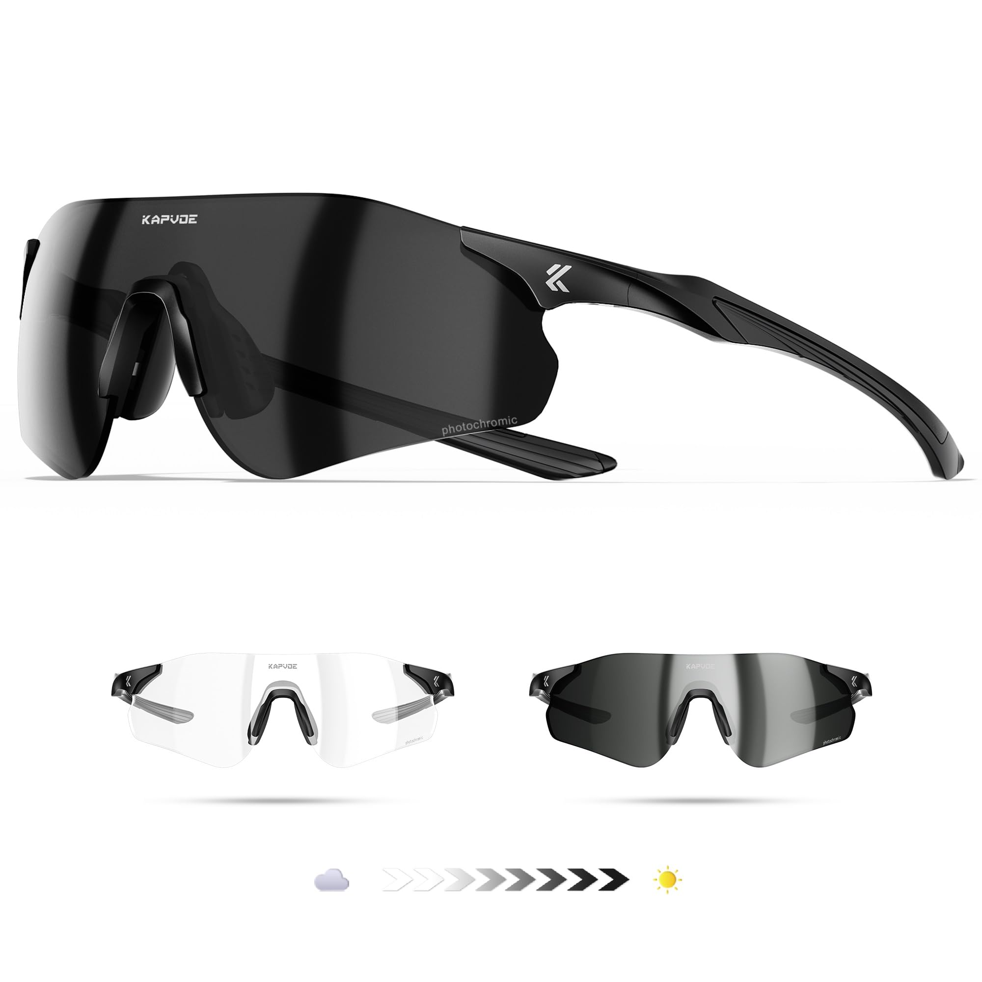 KAPVOE Occhiali da Sole Sportivi Fotocromatici Uomo Donna, Occhiali UV400 Senza Cornice 22g con Nasello in Silicone Regolabile, per Corsa Ciclismo Baseball Guida K108