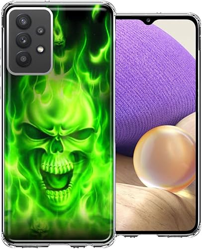 Mundaze - for Samsung Galaxy A32 Green Flaming Skull Case Slim Hybrid Shockproof Hard Shell Soft TPU Heavy Duty Protective Phone Cover
