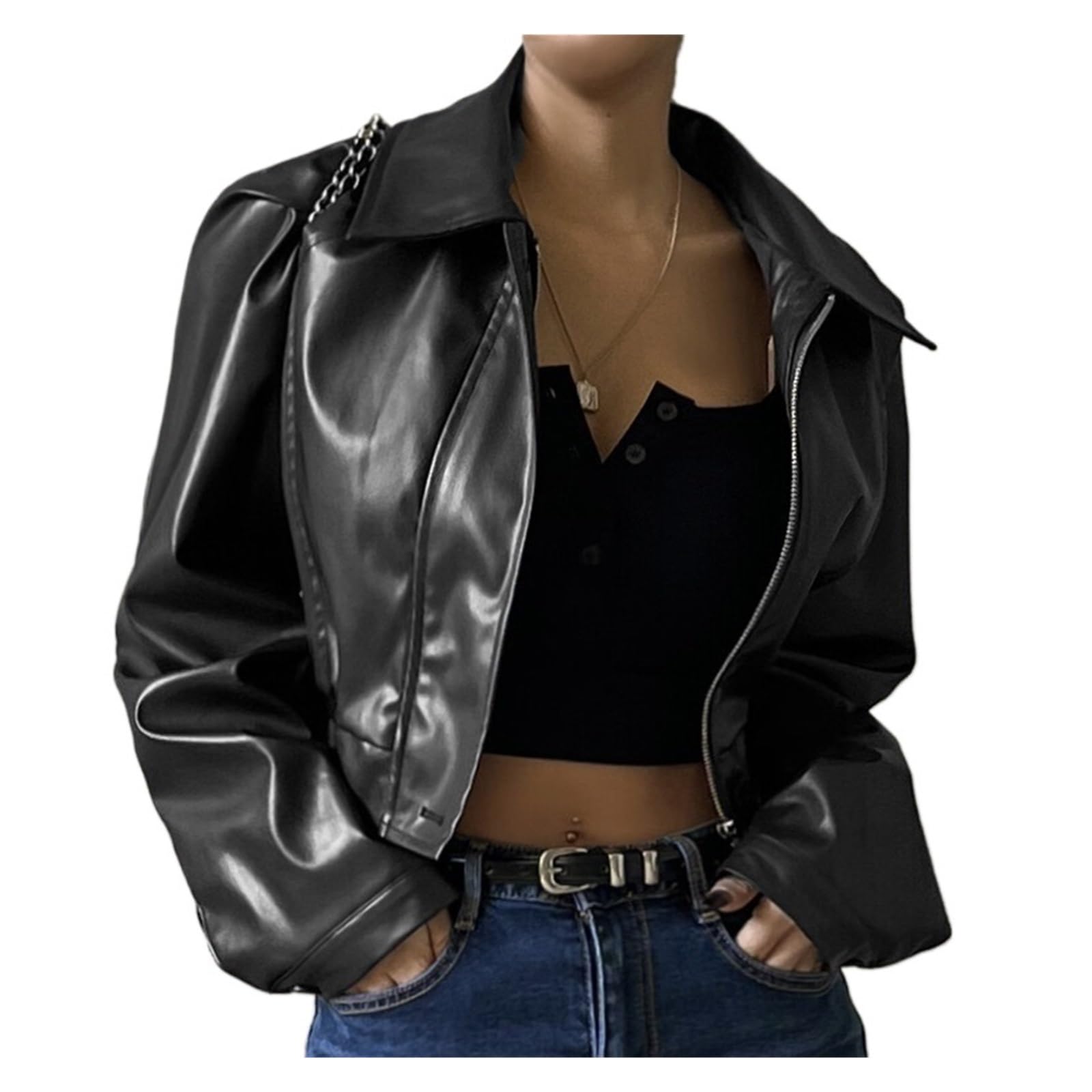 Chaqueta Cuero Mujer Faux Leather Jacket Aesthetic Streetwear Collar Casual Simple Long Sleeve Coats Para salir