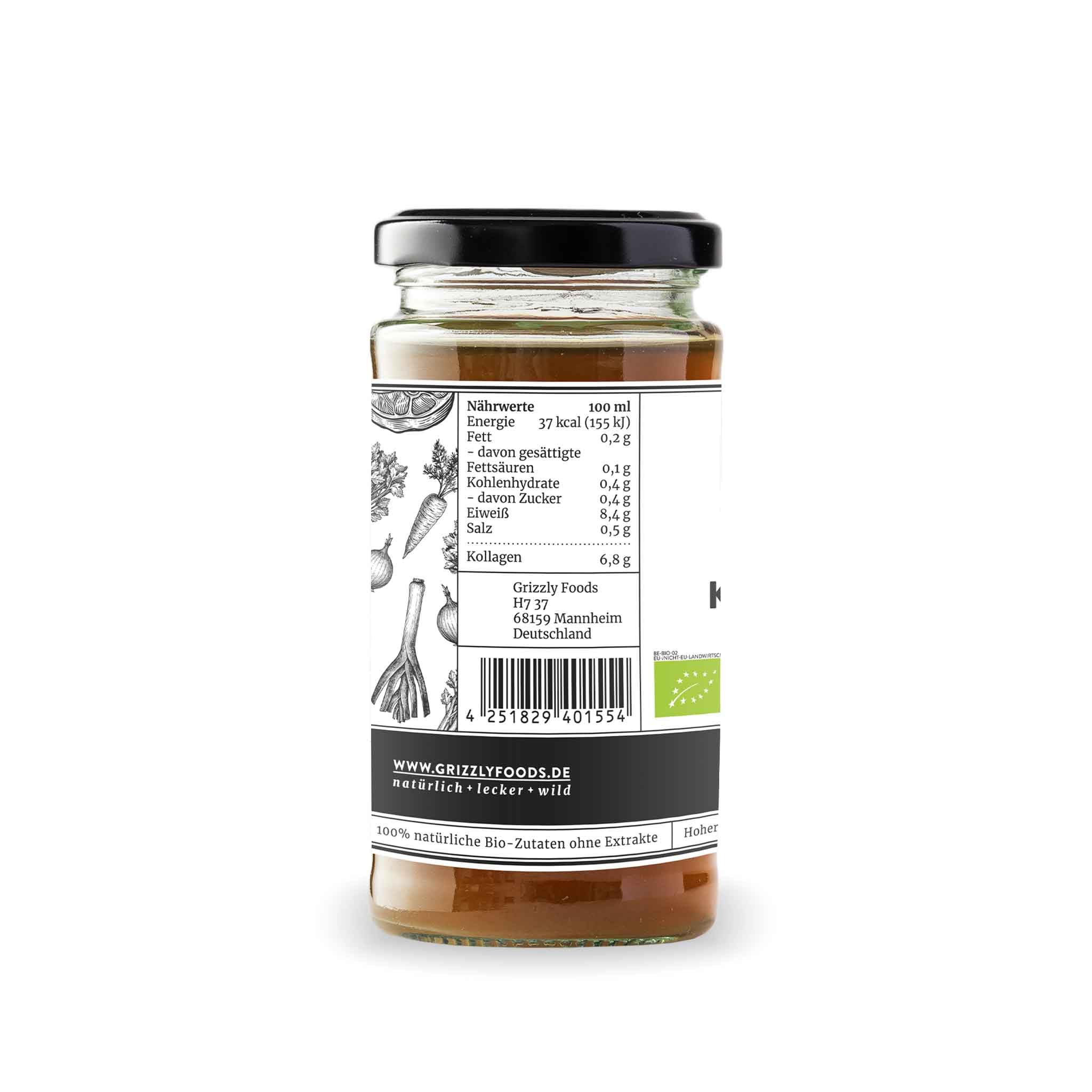 Grizzly Foods • BIO Rinderknochenbrühe (6 x 240ml) • 16g Kollagen pro Glas • 72 Stunden lang gekocht • 100% natürlich • Ohne Zucker, ohne Zusätze • Wertvolle Nährstoffe • Bone Broth • Knochenbrühe