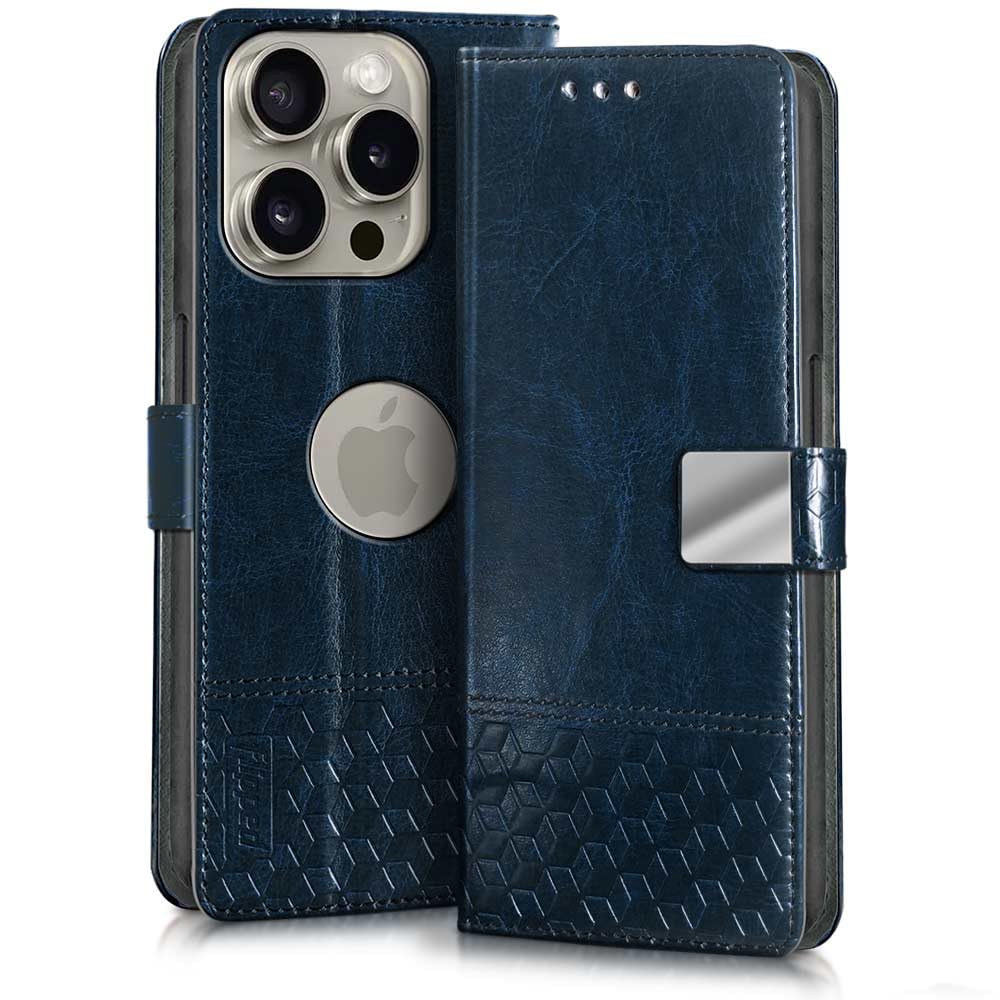 FLIPPED Hand Stitched Honeycomb Dual Design Back Flip Cover Case for Apple iPhone 15 Pro (Shock Proof | Leather Finish | Wallet Case Card Holders & Stand) – Tanned Blue