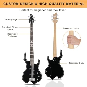 GLARRY Electric Bass Guitar 4 Strings Buring Fire Style Full Size for Beginner Right Hand with Bag, Strap and Accessories (Black)