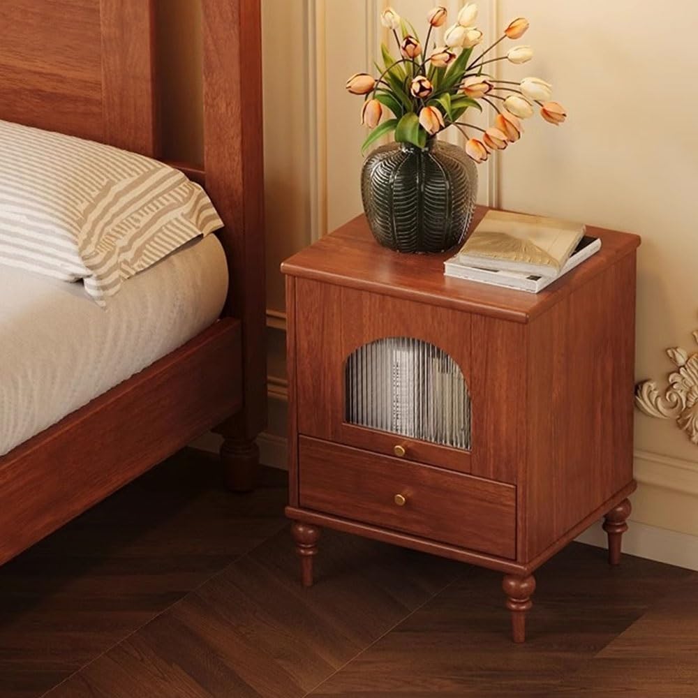 Szafki nocne Drewniana szafka nocna w stylu vintage, drzwi szklane, stolik nocny z szufladą(Czarny)