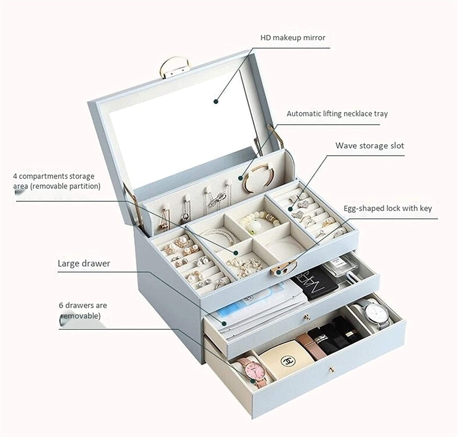 Caja De Joyería Caja Organizadora De Joyería De Cuero PU Para Mujer, Caja De Almacenamiento De Joyas De Viaje Con Cerradura Y Llave Para Collar, Pendiente, Anillo, Pulsera Organizador De Joyas(White)