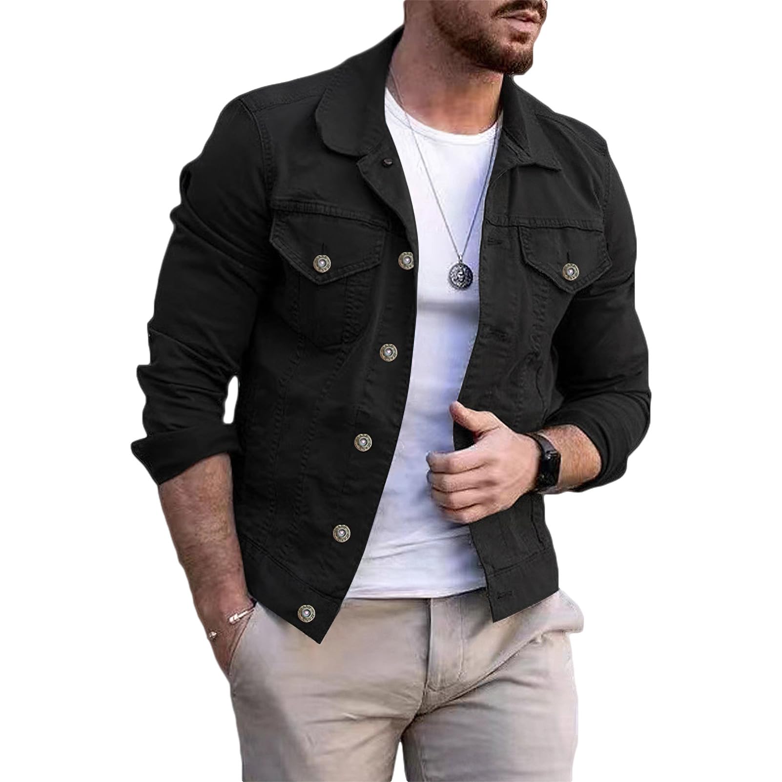 amropi Veste en Jean pour Hommes Blouson en Denim Jacket avec Boutons et Poches
