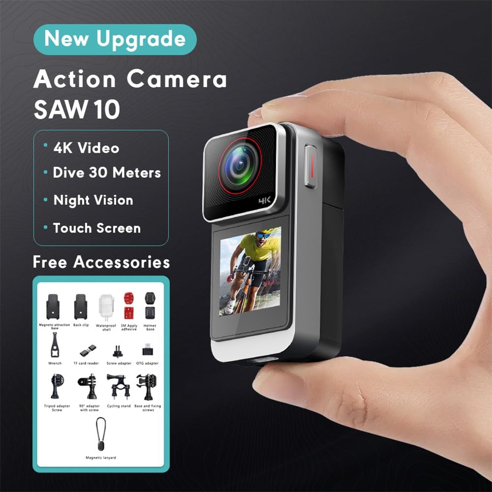 Action Camera 4K impermeabile con foto da 20 MP, schermo da 1,3 pollici e grandangolo a 120°, videocamera sportiva portatile per ciclismo, vlogging animali domestici, supporta 256 GB