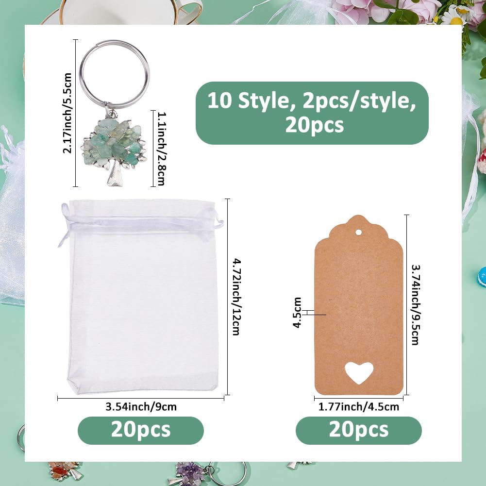 SUPERFINDINGS Portachiavi da 20 Pezzi con Pietre preziose Albero della Vita Portachiavi in Cristallo Naturale con Etichetta di Carta e Sacchetto di Organza per Borsa Decorativa faidate Regali