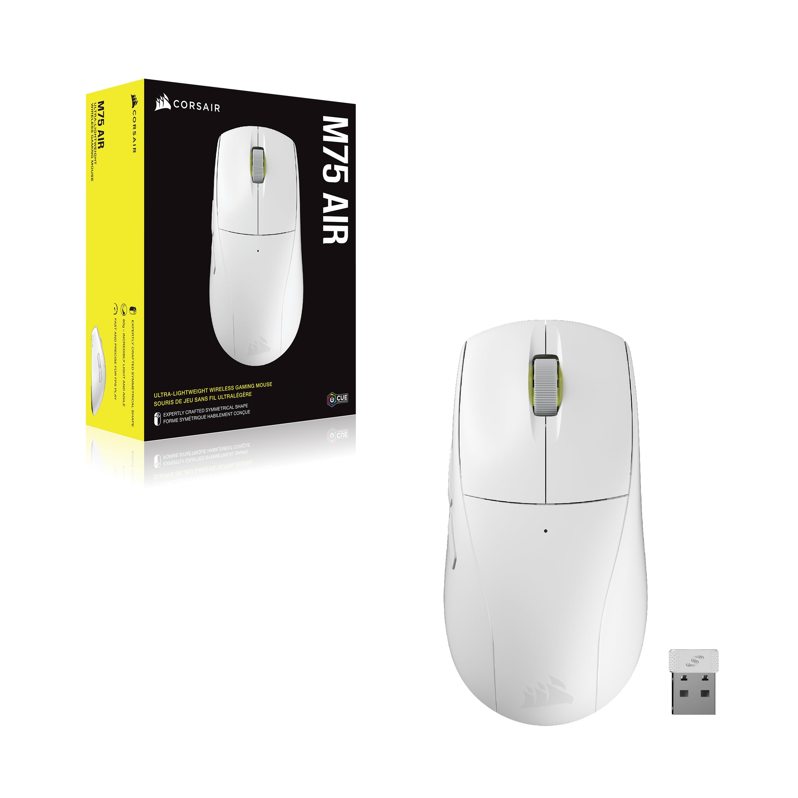 Corsair M75 Air - Ratón inalámbrico Ultraligero para Videojuegos FPS - 26.000 dpi - Entrada ultrarrápida - Forma simétrica - Compatible con iCUE - PC, Mac - Blanco