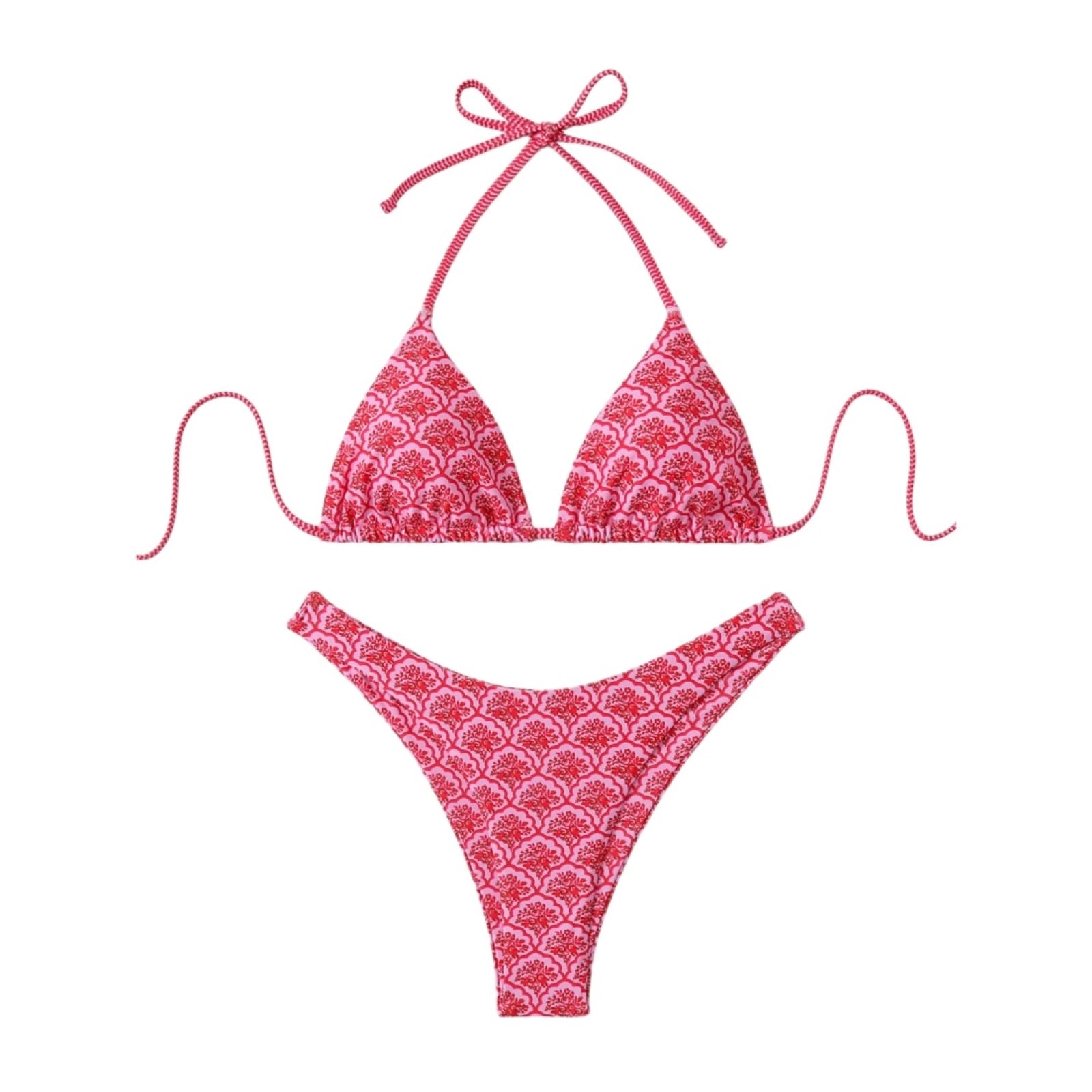 Bikini Mujer Mujeres Floral Impresión Triángulo Set Encaje Dos Piezas Traje De Baño-Rose Red-l