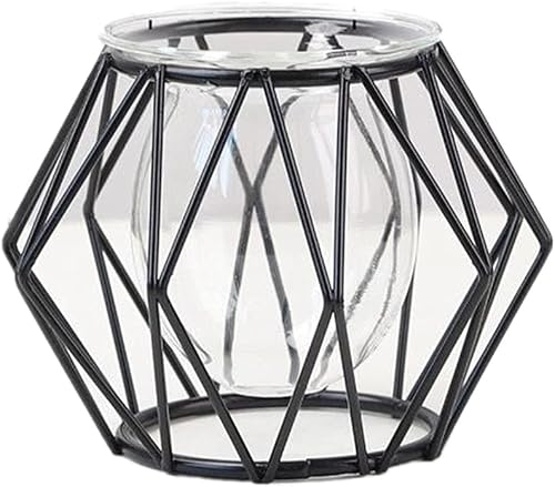 Glass Vase Nordic Small Flower Vase Clear Glass Bud Vases with Metal Geometric Iron Line Cup Vase Pot for Hydroponic Planter Flowers Rack Stand Modern Home Décor Desktop Table Vase Decor (Black,B)