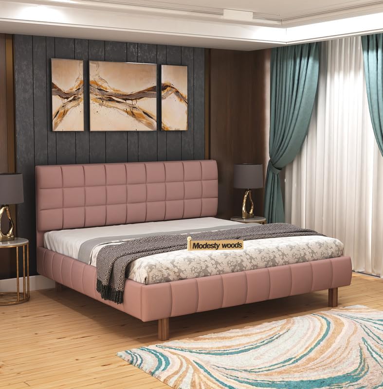 Aesthetic crafts Sheesham Wood King Size Bed | Upholstered Headboard in Onion Pink | Wooden Fabric Double Bed | Sturdy Cot for Bedroom & Living Room | Premium Wooden Bed Frame