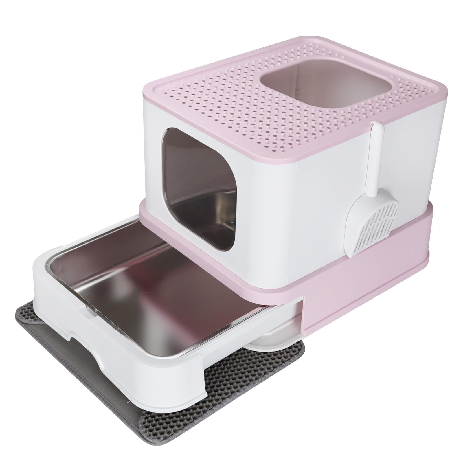 RIZZARI Stainless Steel Cat Box: Large for Cats Up to 45 lbs - Covered Odor Control Enclosure with Easy Clean - Teflon Non-Stick Coating - Pink -