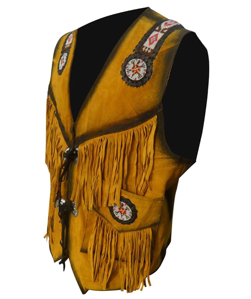 coolhidesMen's Cowboy Leather Vest with Fringes & Beads