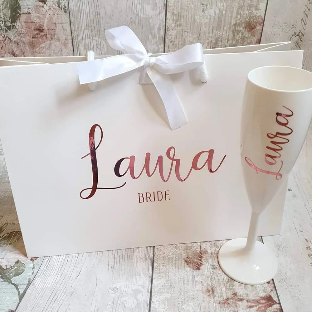 WOMB Copas de champán de plástico blanco personalizadas, copa de champán blanca personalizada, para boda, fiesta, recepción, invitados, regalo personalizado (5 unidades)