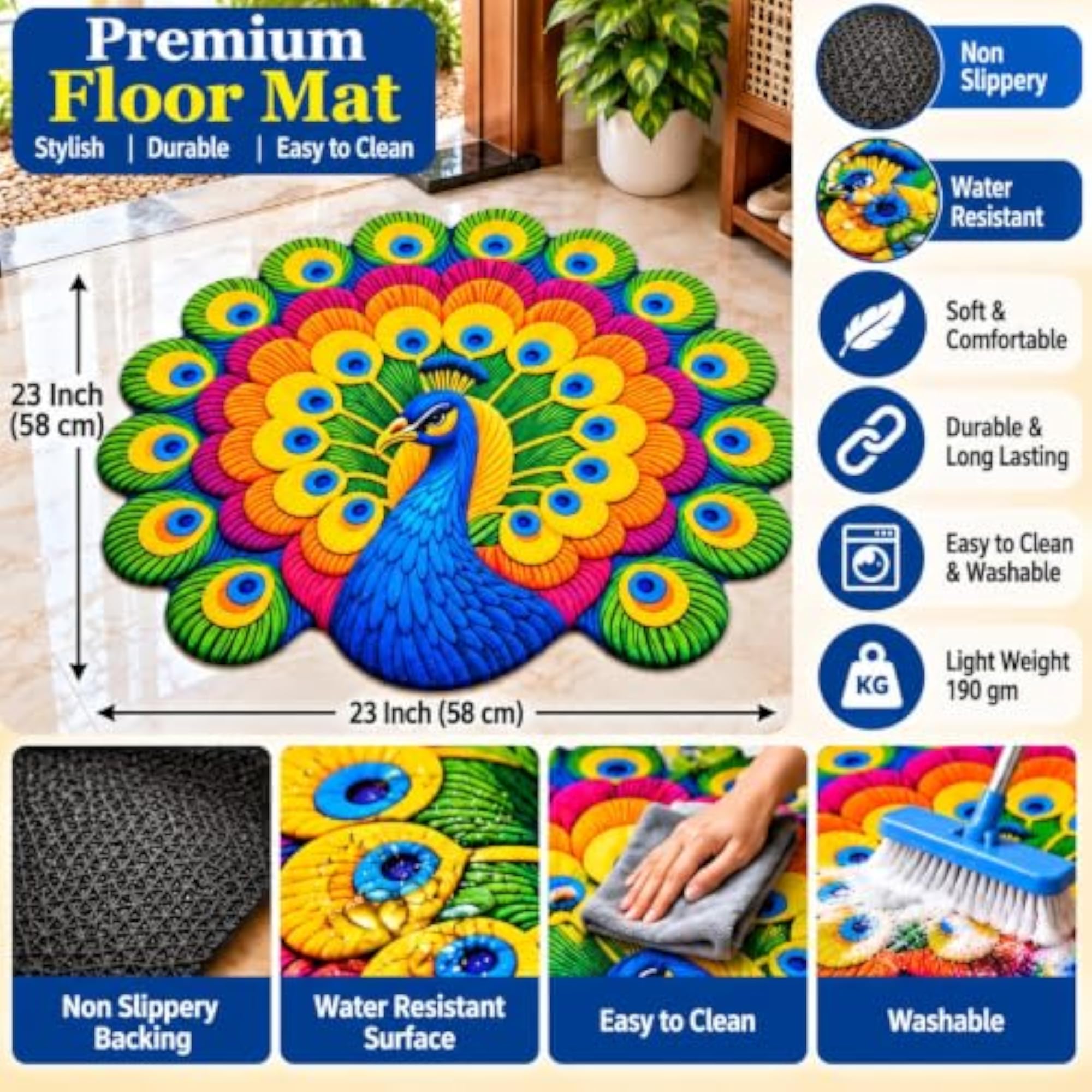Peacock Design Anti-Slip Washable Decorative Floor Mat