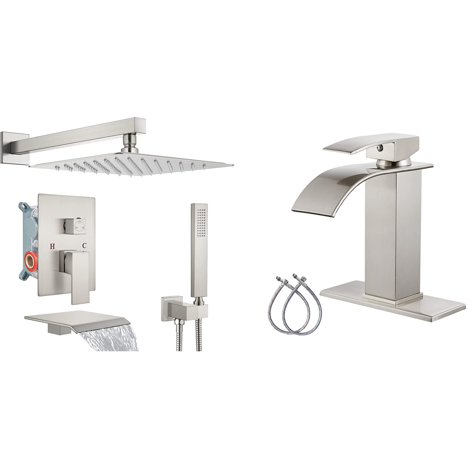 Hcfyauis Brushed Nickel 12 Inch Rainfall Shower System Matching With Brushed Nickel Bathroom Sink Faucet Waterfall Spout Single Handle 1 Hole Deck Mount