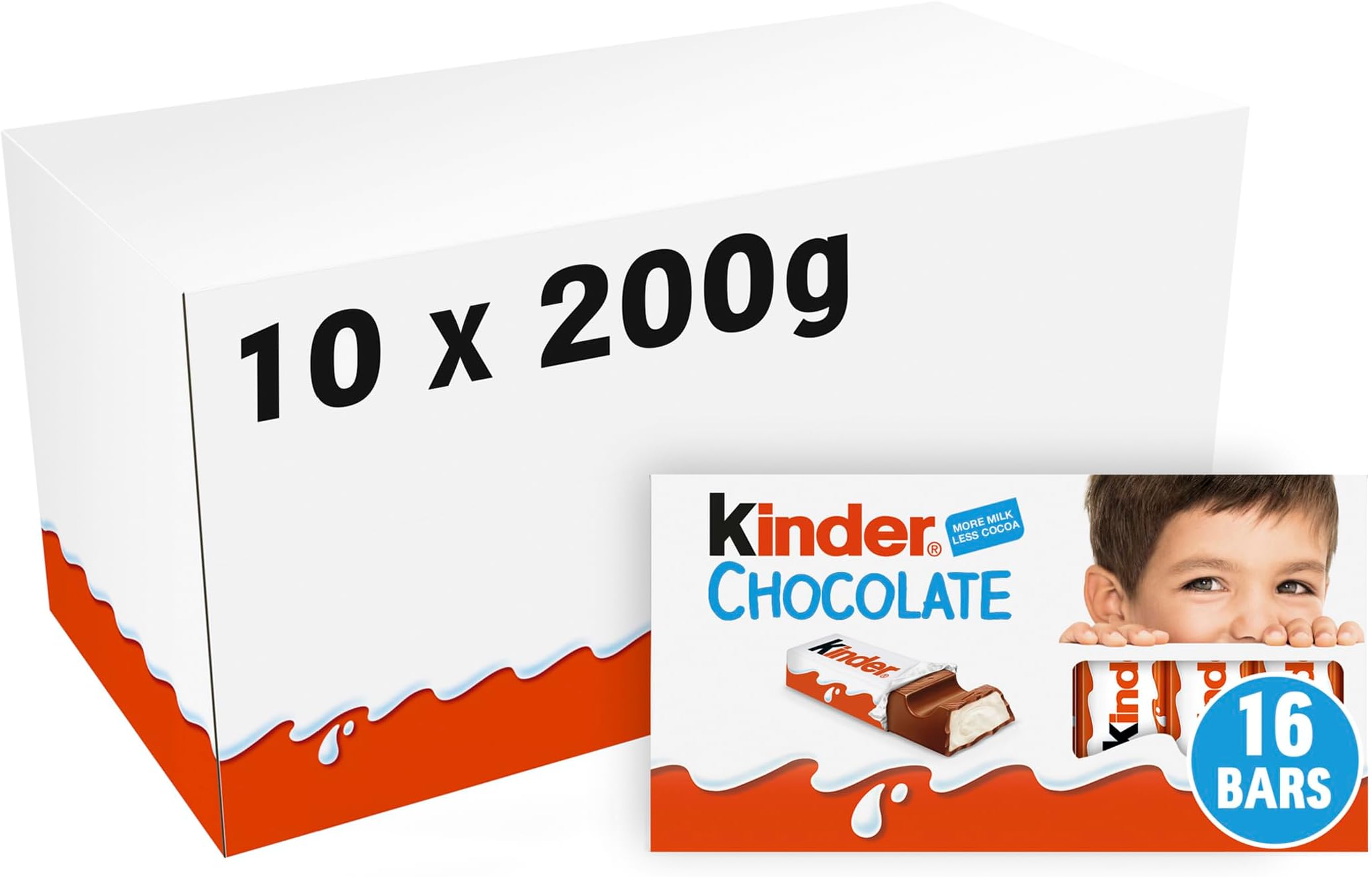 Kinder Chocolate Small Bars, Bulk Chocolate Gift Box, Fine Milk Chocolate Bar with a Milky Filling, Pack of 10 x 200g