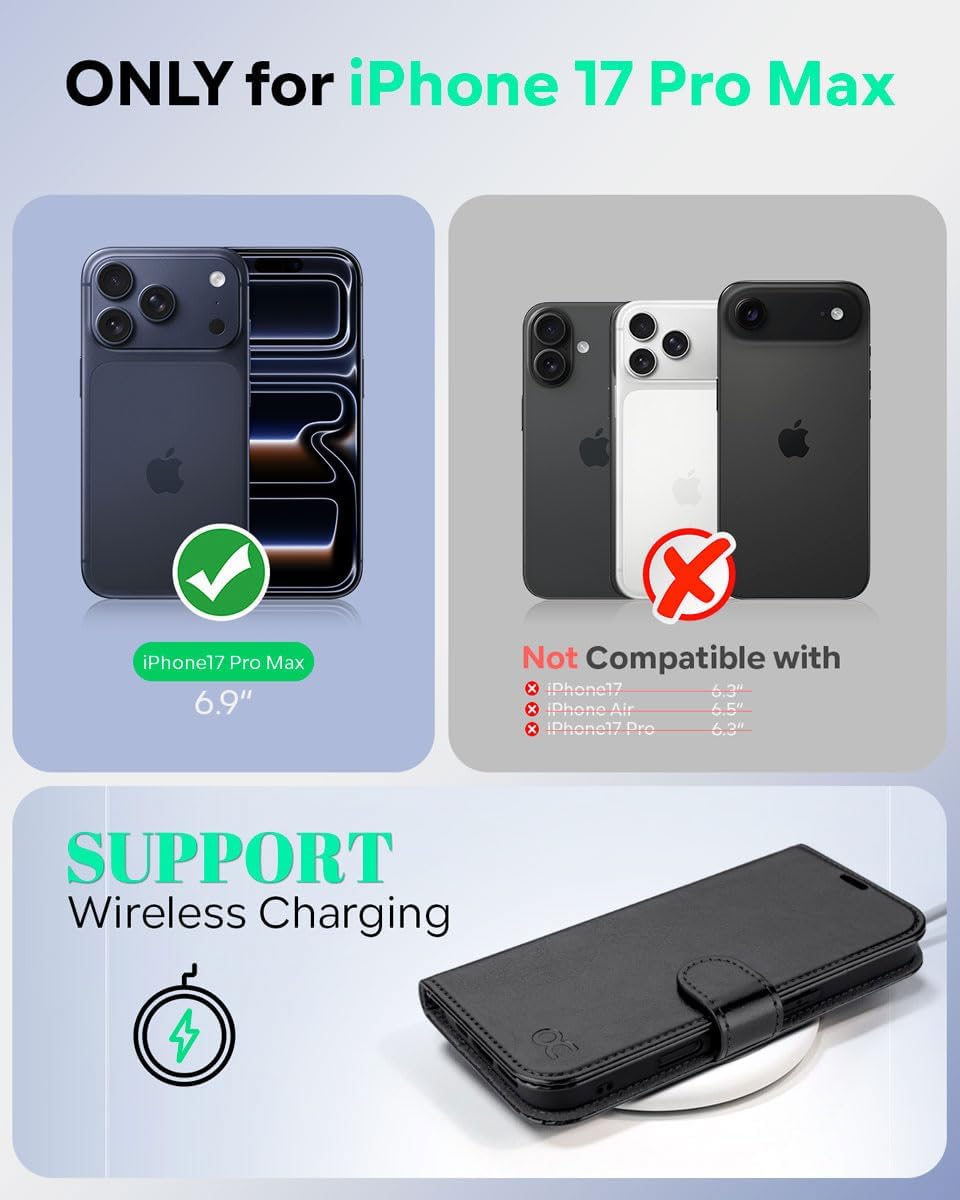 OCASE Compatible with iPhone 17 Pro Max Wallet Case, PU Leather Flip Folio Case with Card Holders RFID Blocking Kickstand [Shockproof TPU Inner Shell] Phone Cover 6.9 Inch 2025, Black