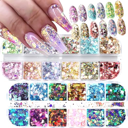 2 Boxes 24 Colors Holographic Nail Glitter Sequins 3D Iridescent Flakes Chunky Glitter Paillettes Design Mermaid Nail Flake Shiny Glitters Powder Chameleon Slices Decor for Manicure DIY Accessories
