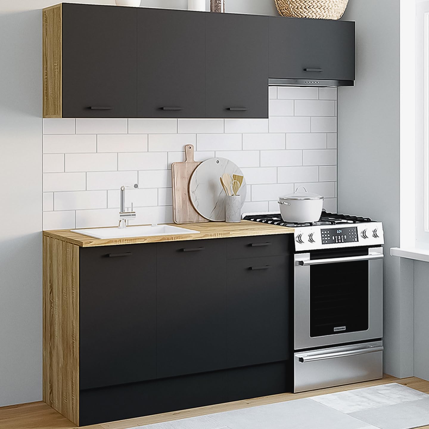 IDMarket - Cocina completa 180 cm Subtil con superficie de trabajo 5 elementos Madera y Negro