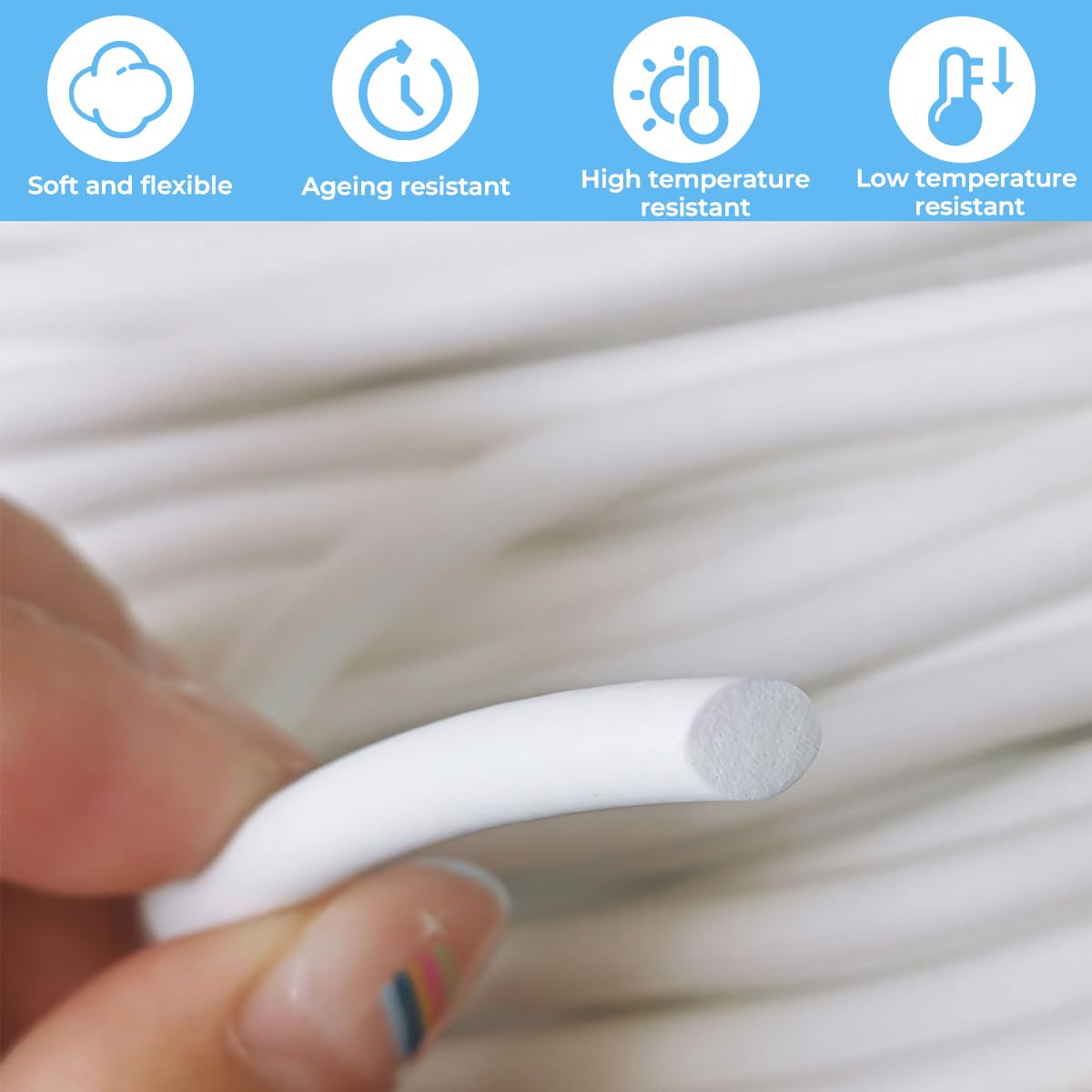 5 Metri Guarnizione per Filo Rotondo Ø 6 mm, Cavo di Tenuta per Fughe, Nastro Tenuta Schiuma Silicone, Profilo di Riempimento, Guarnizione in Schiuma, per Porte Finestre Pareti (Bianco)
