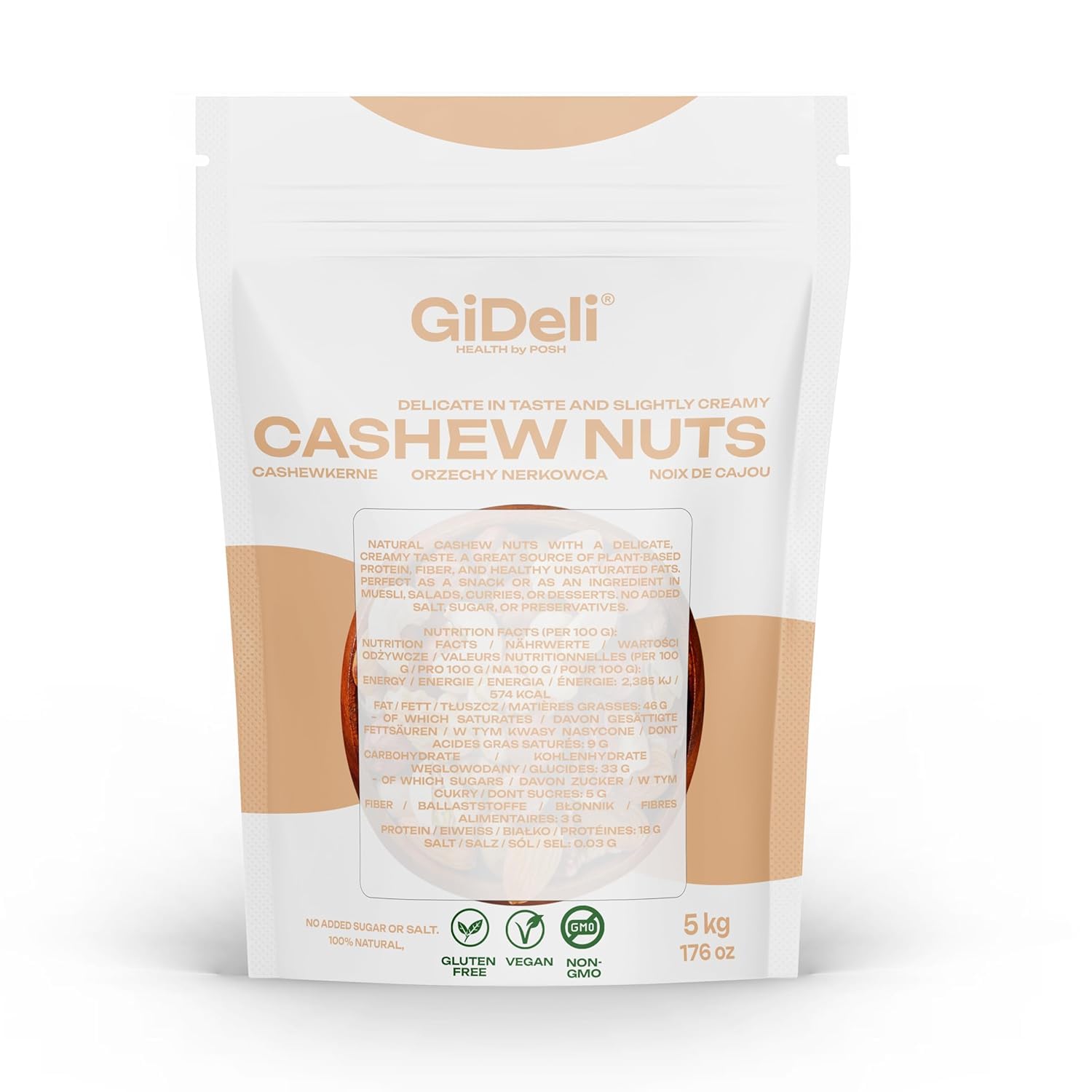 GiDeli Cashewkerne Ganze 5kg ungesalzen reich an proteinen, vitaminen & mineralstoffen naturbelassen ohne zusatzstoffe, vegan doypack