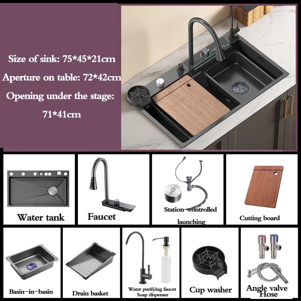 Singola ciotola sifone Lavello Con Tazza Rondella Rubinetto di Scarico Cestino di Scarico Grandi Dimensioni Singola Ciotola Lavello In Acciaio Inox Cascata Digitale Fumo Cucina Incorporato
