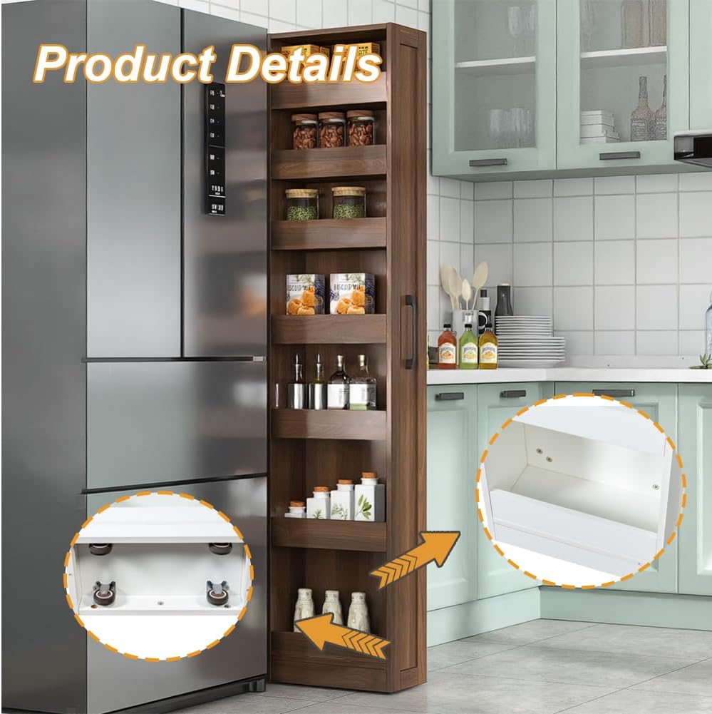 7 Tier Slim Storage Cart, Rolling Spice Rack Next to Fridge Slim, Narrow Storage Cabinet, Wood Storage Organizer with Handle Wheels for Kitchen, Dining Room (7 Tier - Walnut)