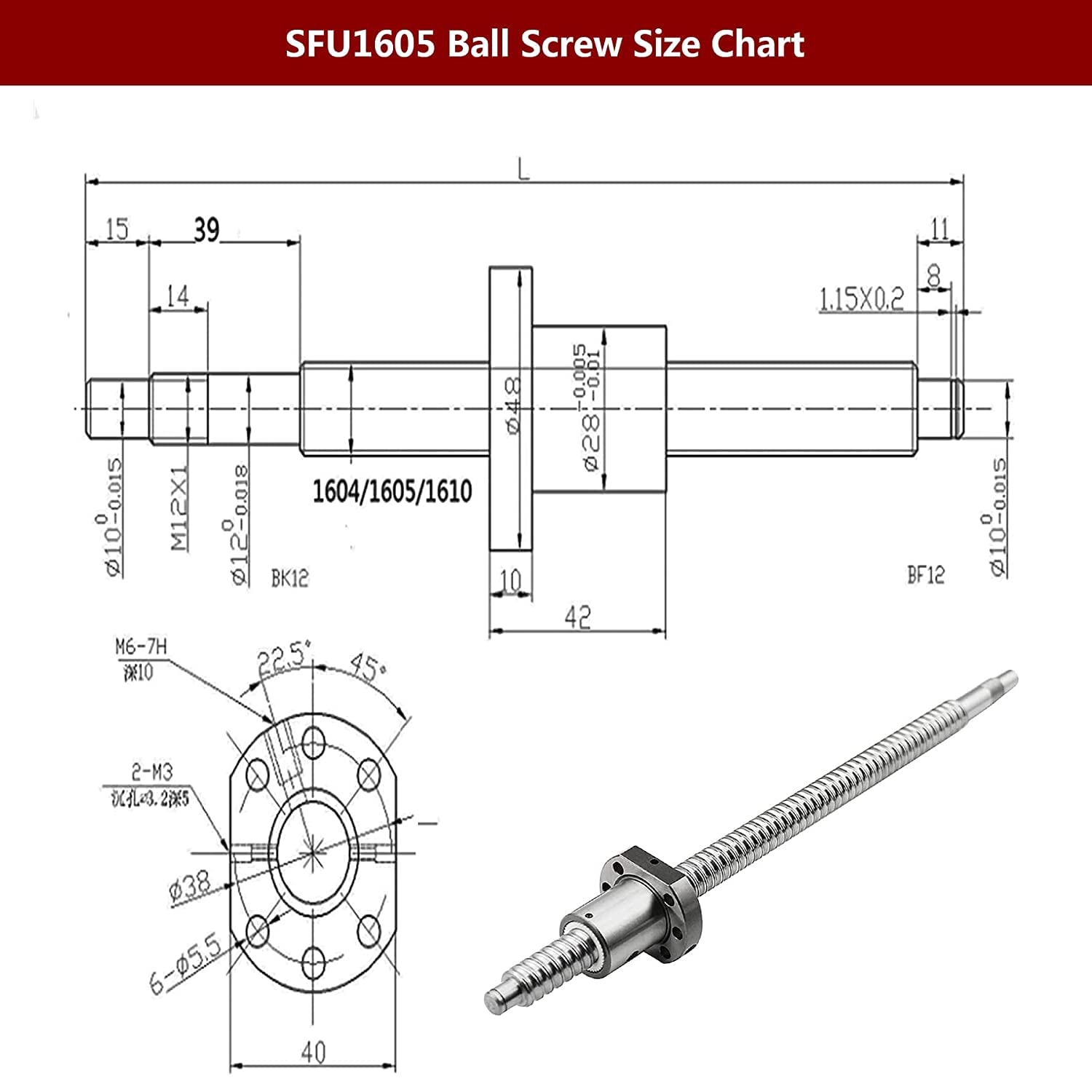 CNCMANS SFU1605 Juego de husillo de bolas de 1500 mm, guía lineal con soporte BK12/BF12, carcasa de tuerca, 2 unidades de acoplamiento de 6,35 x 10 mm, y soporte para motor Nema 23