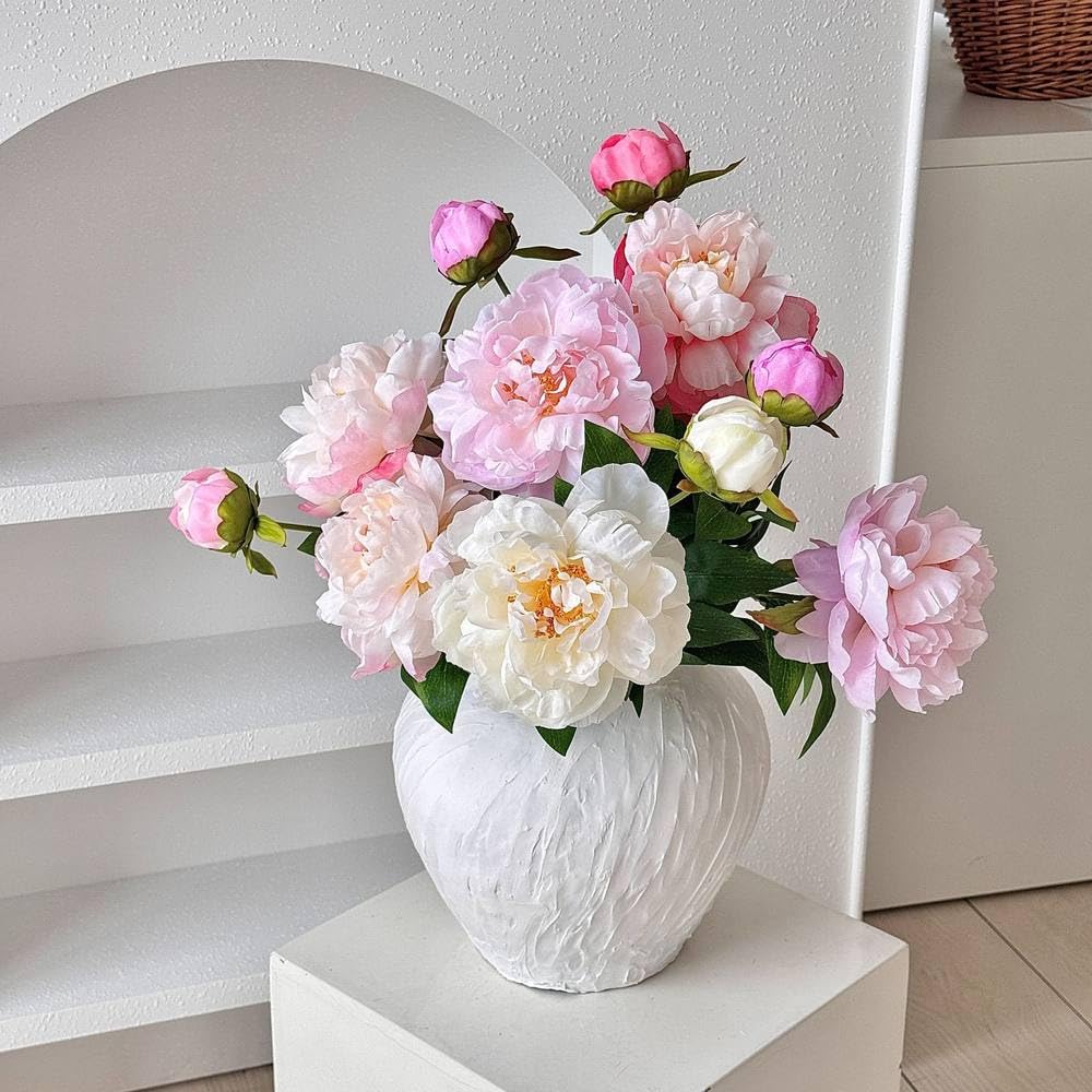 LIJUCAI 5pcs Artificial Peony Flower Stems 68cm Faux Silk Peony Flowers Pink White Realistic Floral Branches with Buds for Vase Arrangement Home Wedding Table Centerpiece Decor,C1