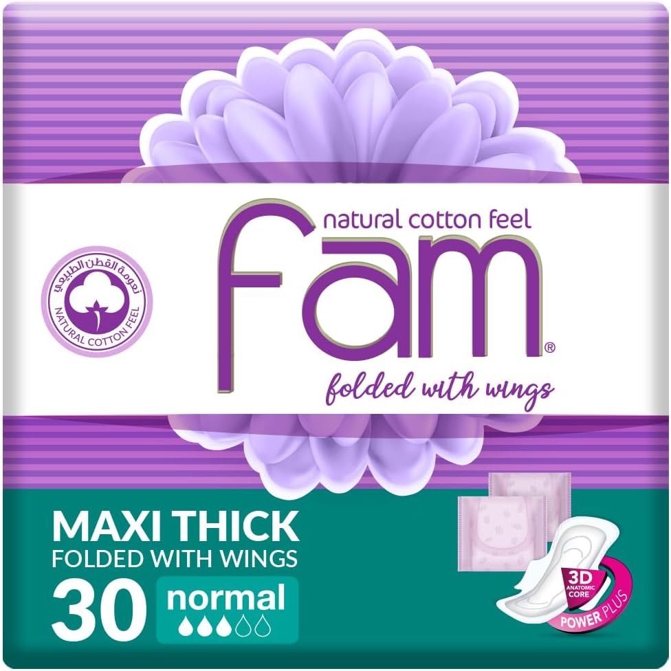 Fam Natural Cotton Feel, Maxi Thick, Folded With Wings, Normal Sanitary Pads, 30 Pads