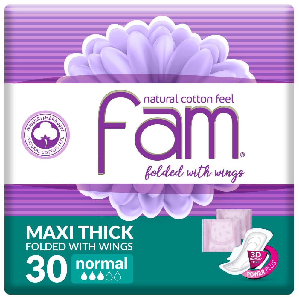 Fam Natural Cotton Feel, Maxi Thick, Folded With Wings, Normal Sanitary Pads, 30 Pads