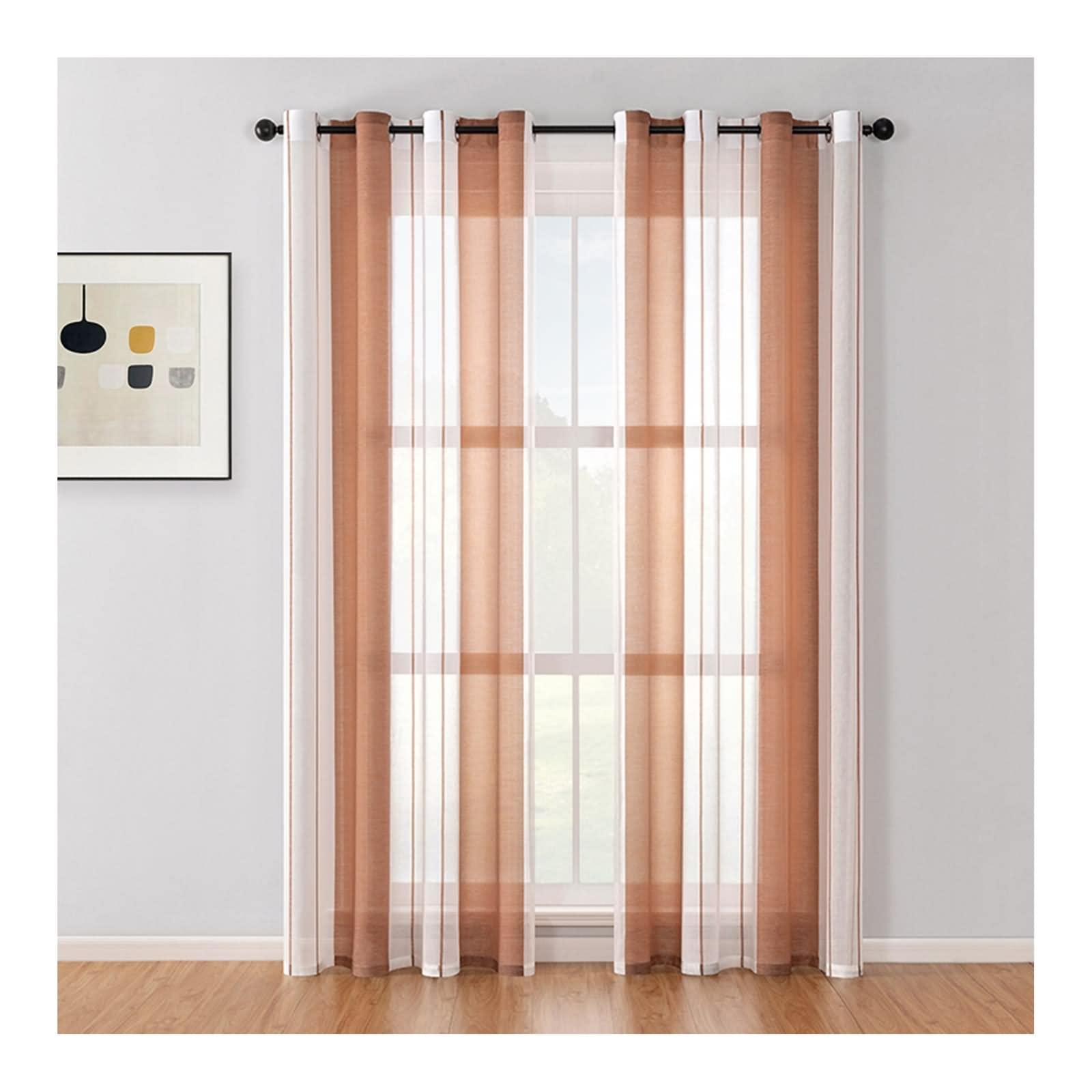 Zasłony okienne kuchenne, brązowe zasłony przezroczyste paski poliester 2 panele 132 szer. x 244 cm dł